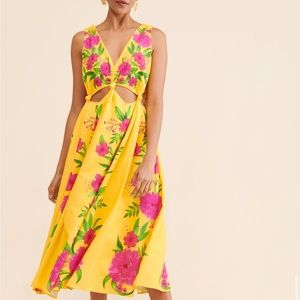 Farm Rio Floral printed midi dress - garden rose yellow and pink
